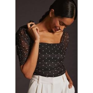 Anthropologie Shirred Black With White Polka Dots Mesh Top | Large